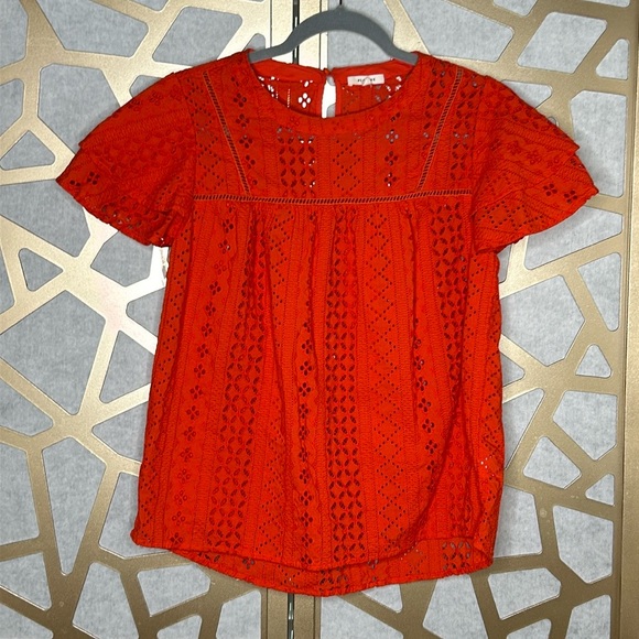Pleione Blouse Red Orange Geometric Cap Sleeve‎ - Picture 1 of 7